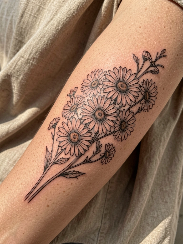 Tatuagem blackwork detalhada de margaridas no antebraço feminino, pele texturizada sob luz natural difusa, fundo de tecido levemente movido pelo vento.