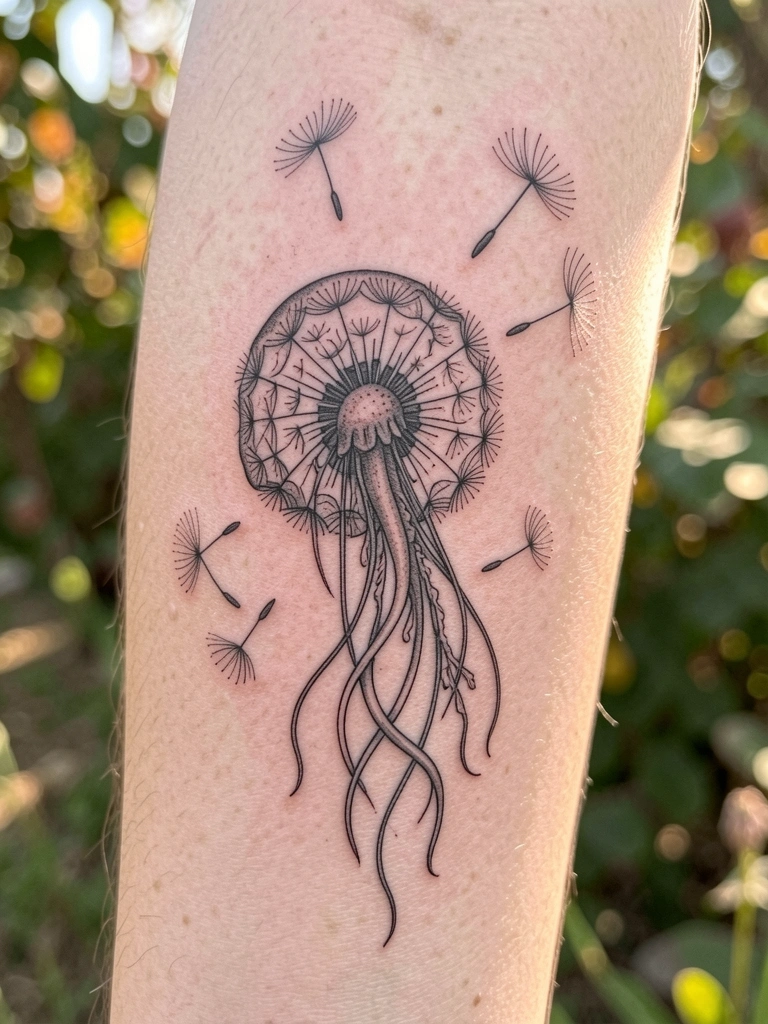 Tatuagem de dente-de-leão em pele, com linha fina e sombreamento sutil, sementes flutuando em luz natural suave com folhagem desfocada ao fundo.