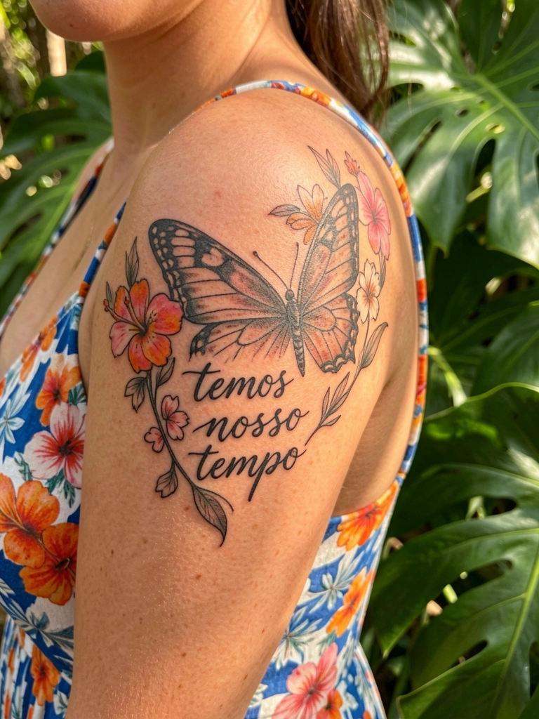 Tatuagem de borboleta com florais e texto 