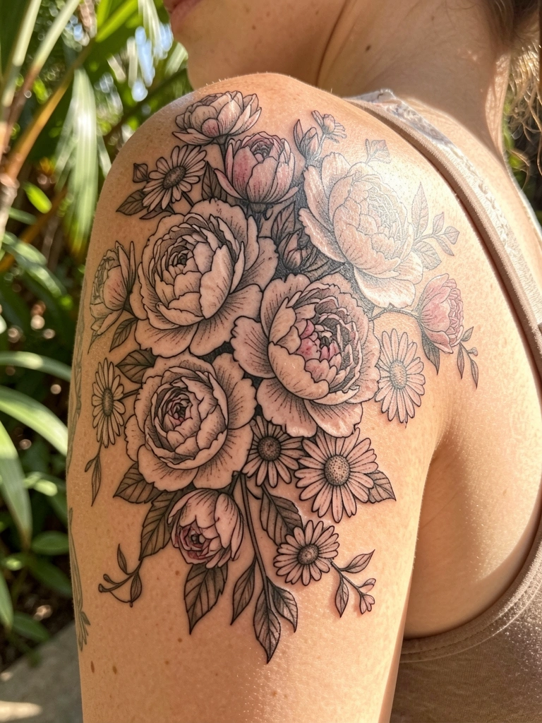 Tatuagem de buquê de rosas, peônias e margaridas em preto e cinza no ombro e braço de uma mulher, luz natural filtrada por folhagens ao fundo.
