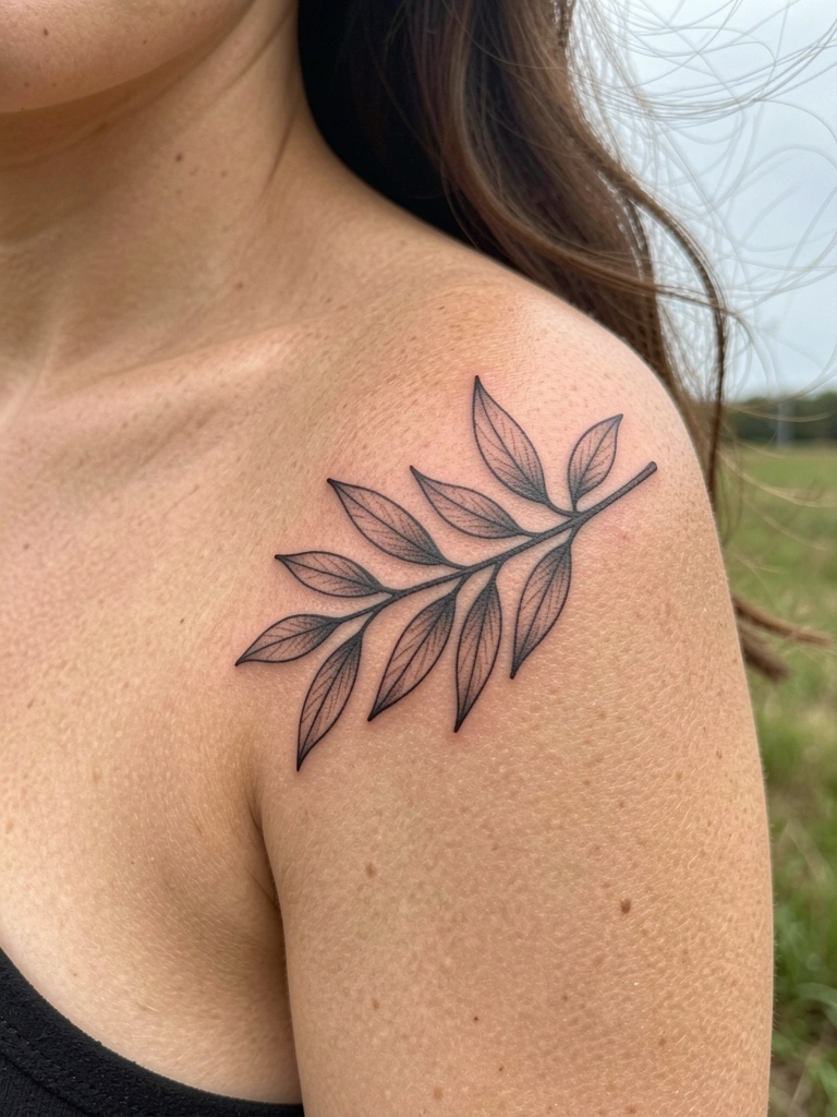 Ombros nus com tatuagem preta de ramo folhado, luz natural suave, fundo levemente desfocado ao ar livre.