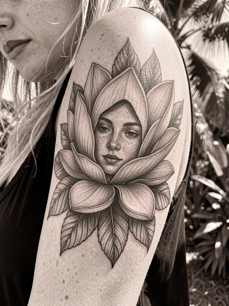 Tatuagem preto e branco de magnólia com rosto feminino no braço, luz natural e pele clara com sardas.