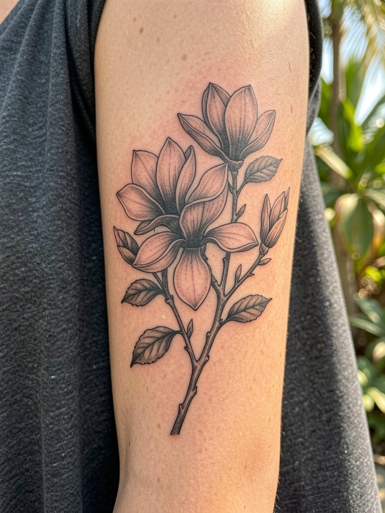 Tatuagem de magnólia em nanquim preto no braço, pétalas detalhadas e caules alongados sobre tecido cinza escuro, luz natural difusa e fundo desfocado.