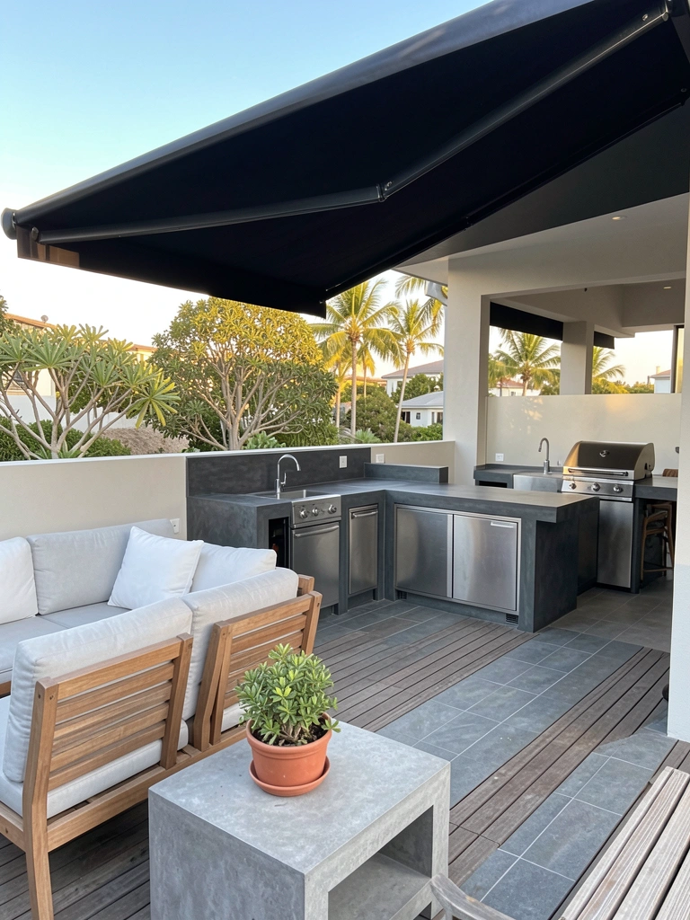 Moderno outdoor kitchen com bancada de concreto cinza escuro, churrasqueira embutida e sofá cinza claro com almofadas brancas sob toldo preto, luz natural do dia.