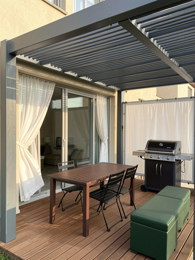 Estrutura metálica escura com ripas horizontais sobre mesa de madeira e cadeira preta, churrasqueira ao lado, luz natural e cortinas brancas ao fundo.