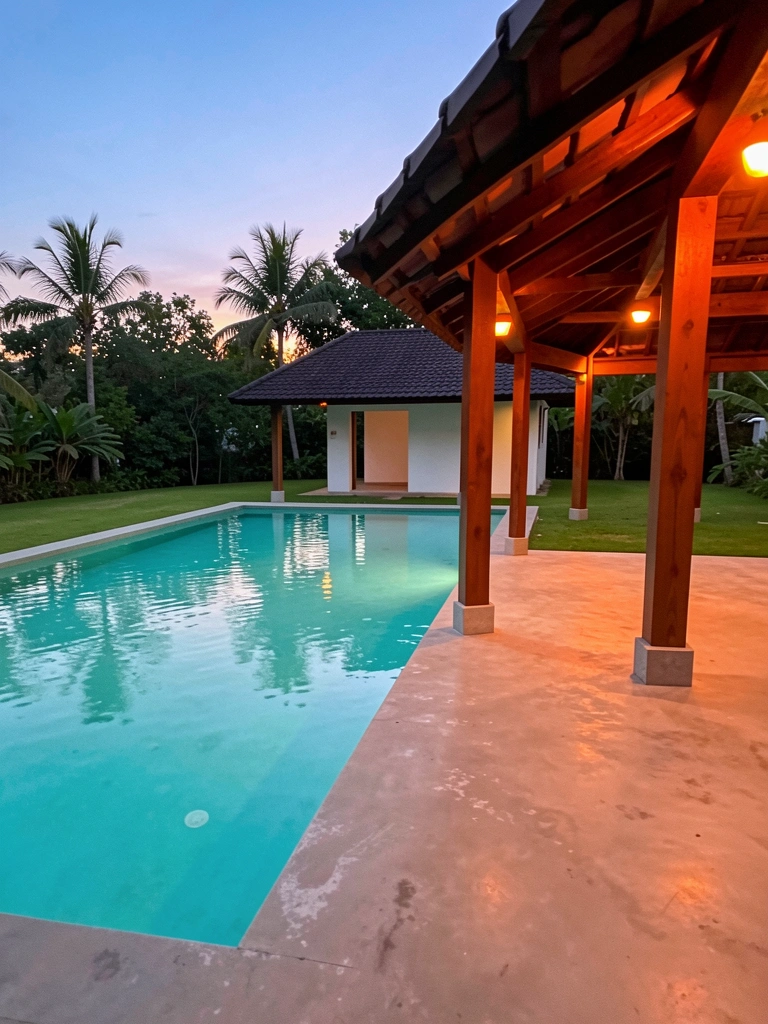 Piscina retangular de água turquesa refletindo a luz do entardecer, cercada por pátio de concreto com vigas de madeira e pilares, sob um telhado escuro com luzes laranja e amarelas.