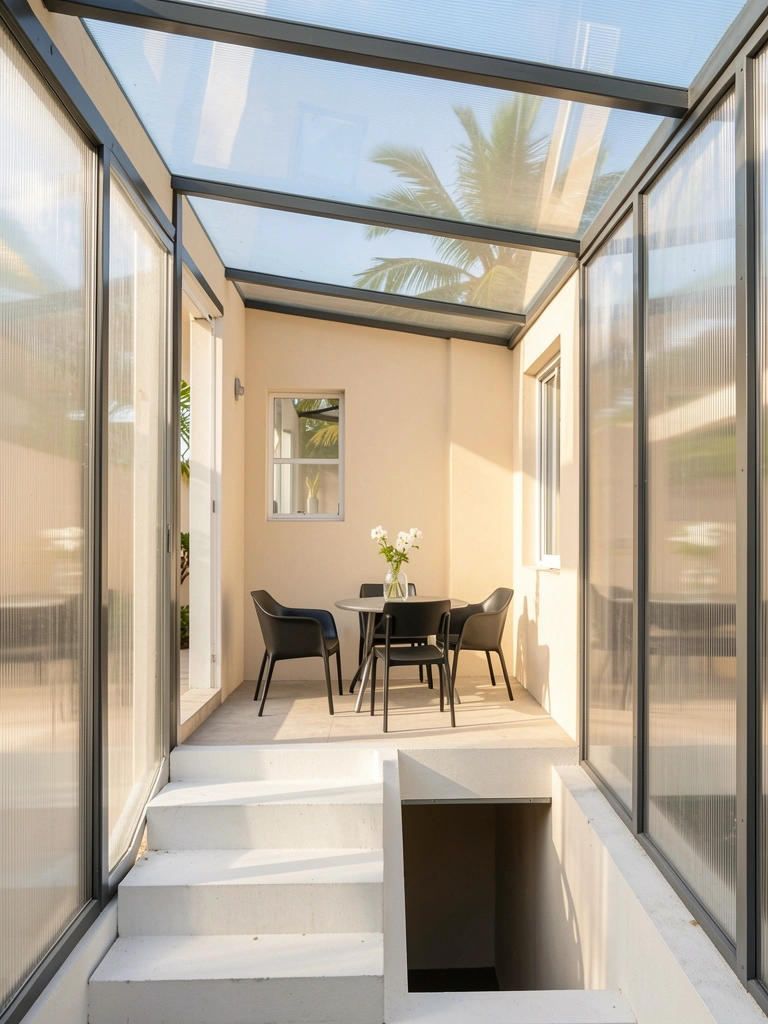 Escada de concreto branco em varanda minimalista com teto de vidro refletindo o céu, parede de policarbonato brilhante e mesa com vaso de vidro e flores brancas.