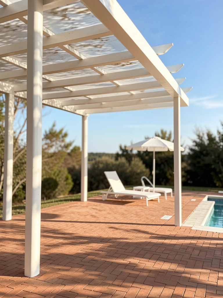Pérgola branca com colunas elegantes e teto translúcido sobre pátio de tijolos, espreguiçadeira e guarda-sol brancos, luz do sol filtrada e céu azul ao fundo.