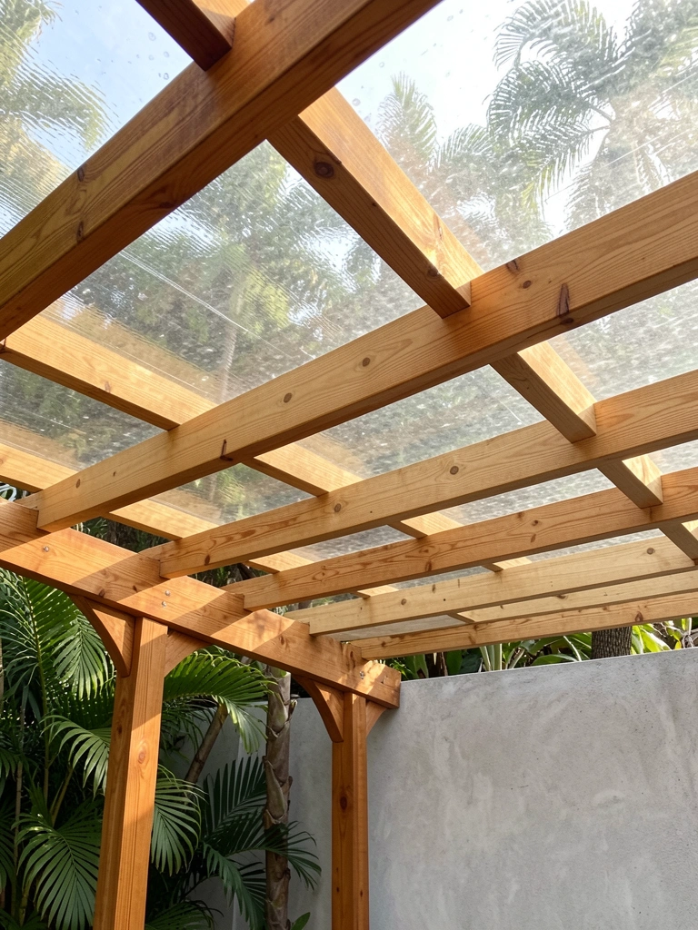 Pérgola de madeira clara com telhado acrílico translúcido sob luz difusa, folhagens tropicais ao fundo e parede de concreto cinza.