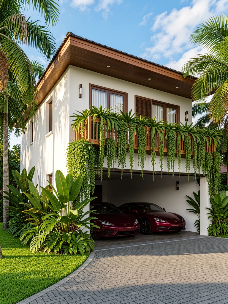 Villa branca de dois andares com garagem e dois carros vermelhos escuros, varanda de madeira e plantas tropicais verdes pendentes, gramado e palmeiras sob céu azul com nuvens, luz natural quente.