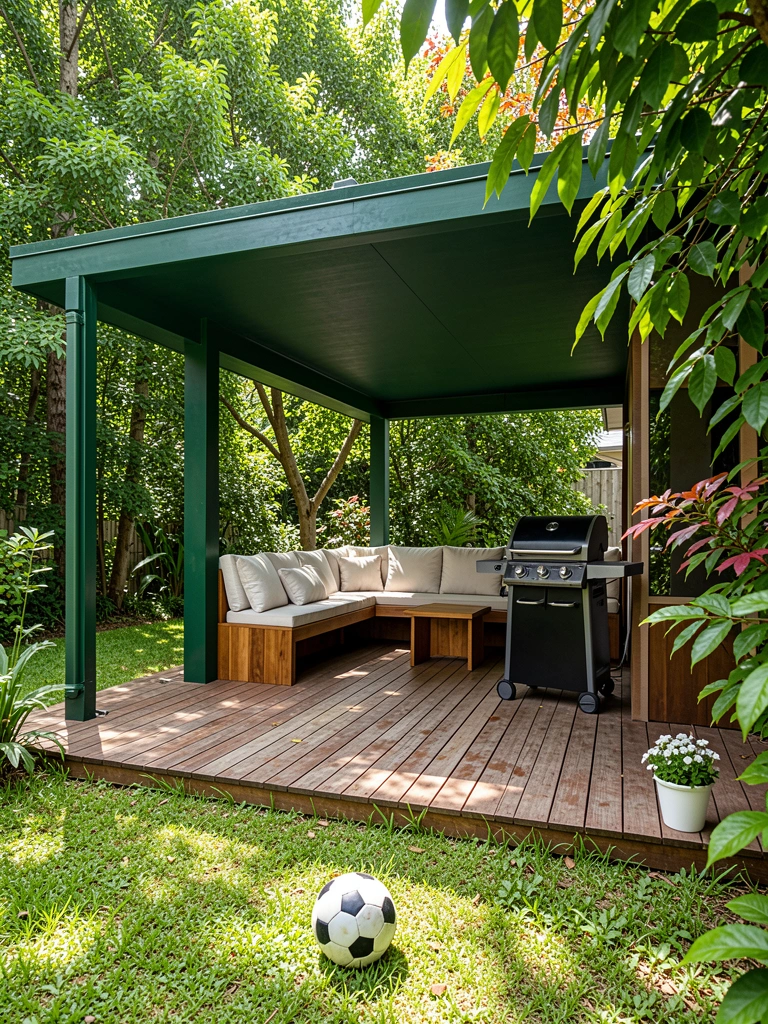 Telhado de fibrocimento verde escuro sobre deck de madeira com sofá almofadado claro, churrasqueira a carvão e bola de futebol na grama, luz filtrada por folhagens.