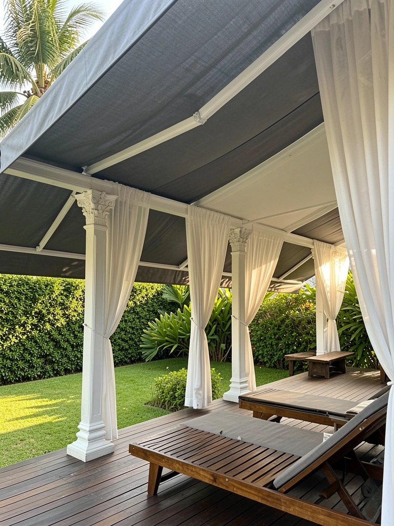 Grande toldo cinza escuro sobre deck de madeira com coluna branca e cortinas transparentes, gramado verde e espreguiçadeira ao fundo.
