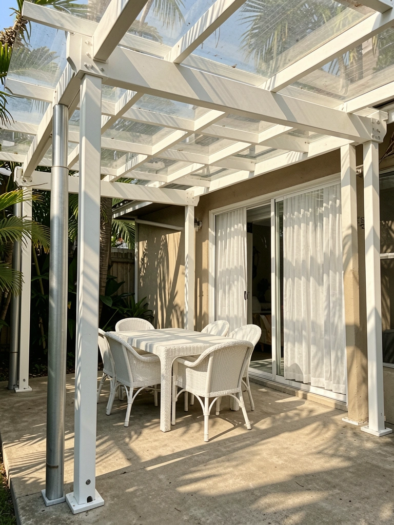 Pérgola branca de metal com telhado de policarbonato transparente projetando sombras geométricas em pátio de concreto, mesa e cadeiras de vime branco, cortina branca ao fundo.