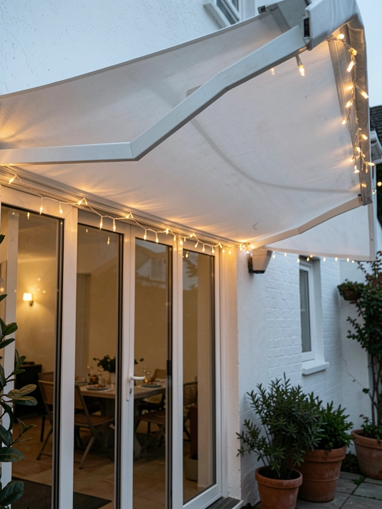 Luzes pisca-pisca contornam toldo branco trapezoidal sobre porta de vidro, com plantas e mesa no pátio ao entardecer.