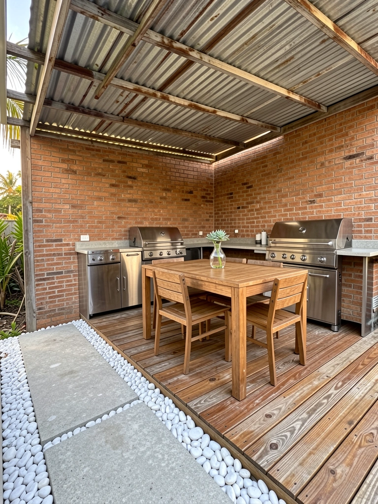 Pátio externo com deck de madeira, caminho de concreto margeado por pedrinhas brancas e cobertura de metal corrugado; mesa de madeira com suculenta em vaso de vidro sob luz natural.