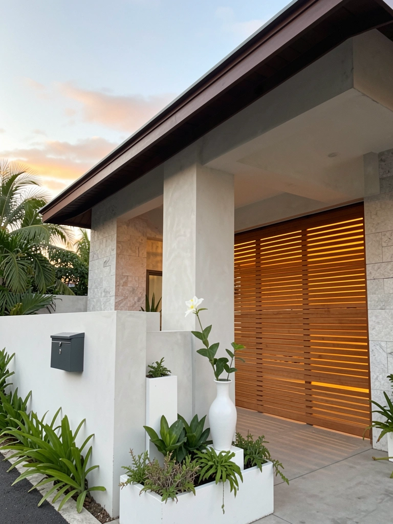 Garagem de concreto claro com porta de madeira iluminada, vaso branco com flor e folhagens em jardineiras.