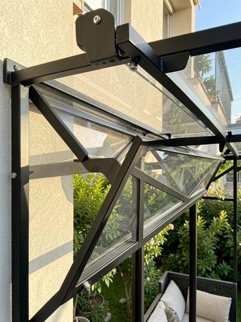 Detalhe de toldo preto de metal com painéis acrílicos transparentes, jardim verde e sofá ao fundo, luz natural.