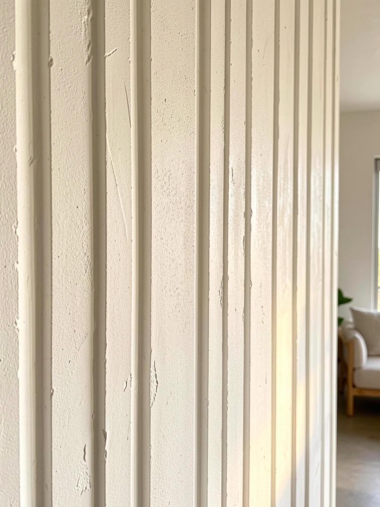 Textura de parede de estuque branco com ranhuras verticais, luz natural destacando sombras e relevos, fundo desfocado de ambiente claro.