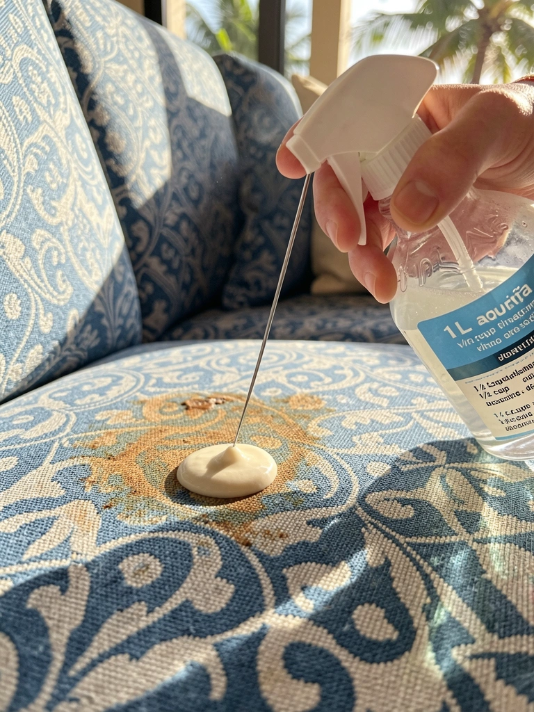 Luz natural incide sobre sofá azul e branco com mancha de urina, borrifador e agulha aplicam solução de vinagre e bicarbonato.