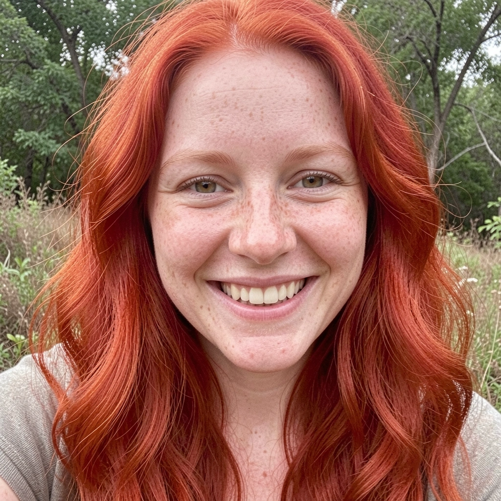Mulher ruiva sorrindo ao ar livre, cabelo intenso ao vento