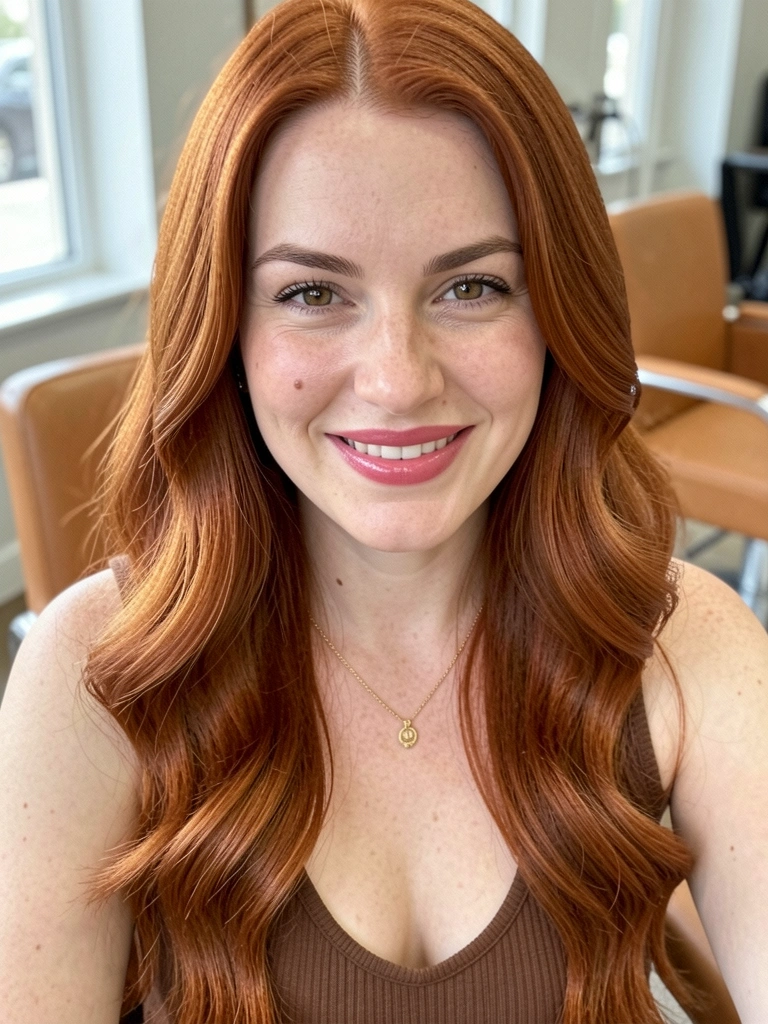 Cabelo ruivo dourado iluminado por luz natural, com fios brilhantes e textura visível.