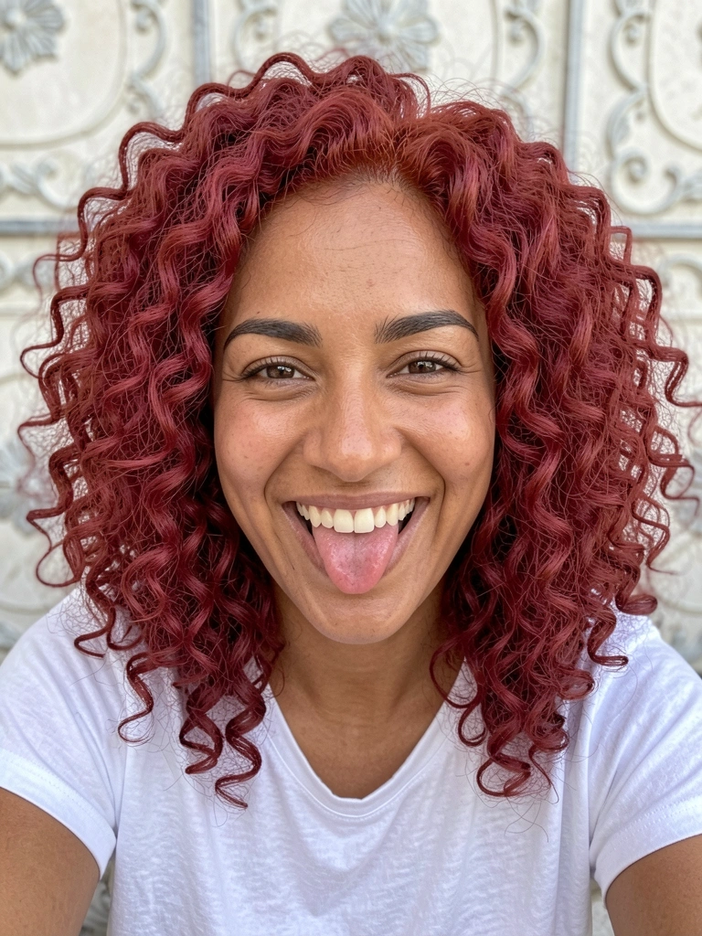Cabelo ruivo cereja com tonalidades avermelhadas profundas em luz natural.