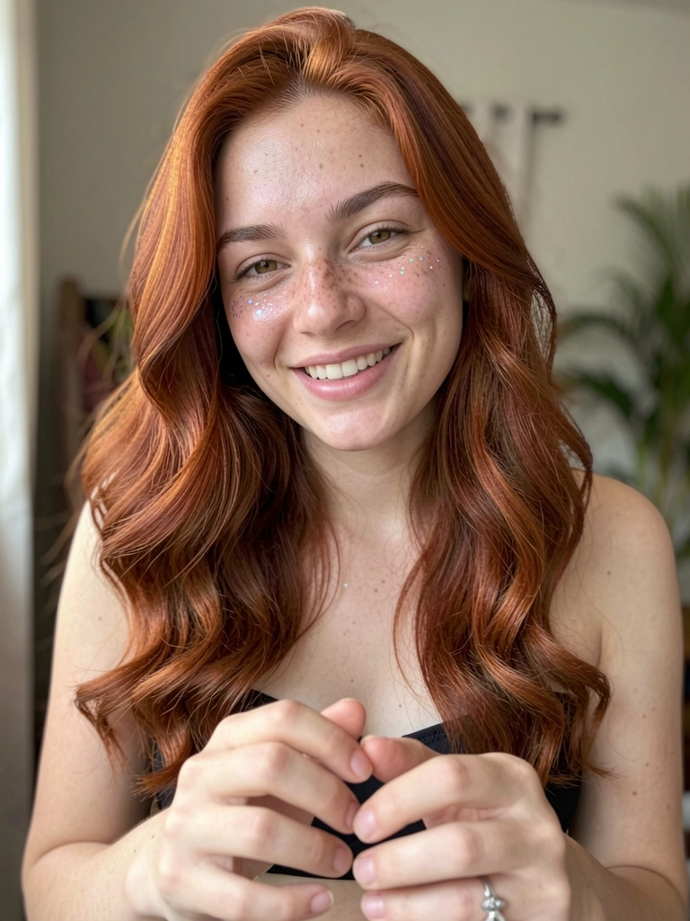 Cabelo ruivo acaju com reflexos acobreados e marrons sob luz natural.