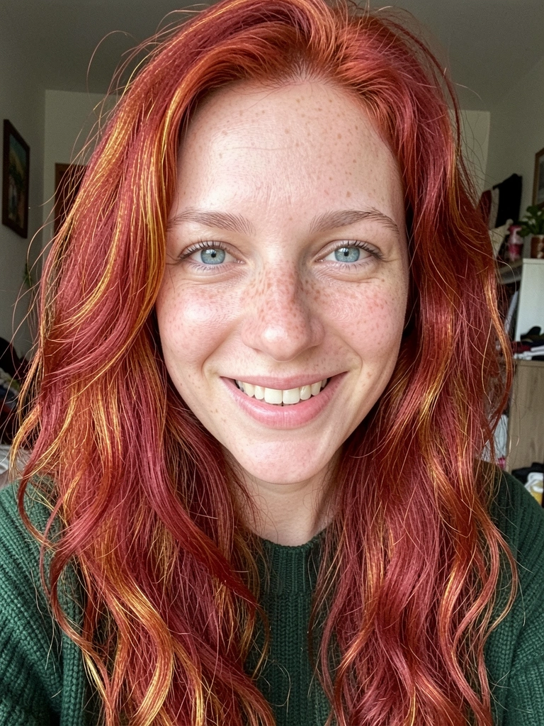 Cabelo ruivo avermelhado, intenso e vivo, com mechas iluminadas.