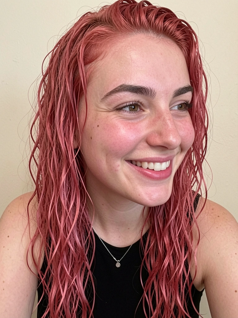 Cabelo ruivo rosé com tons rosados suaves em luz natural.