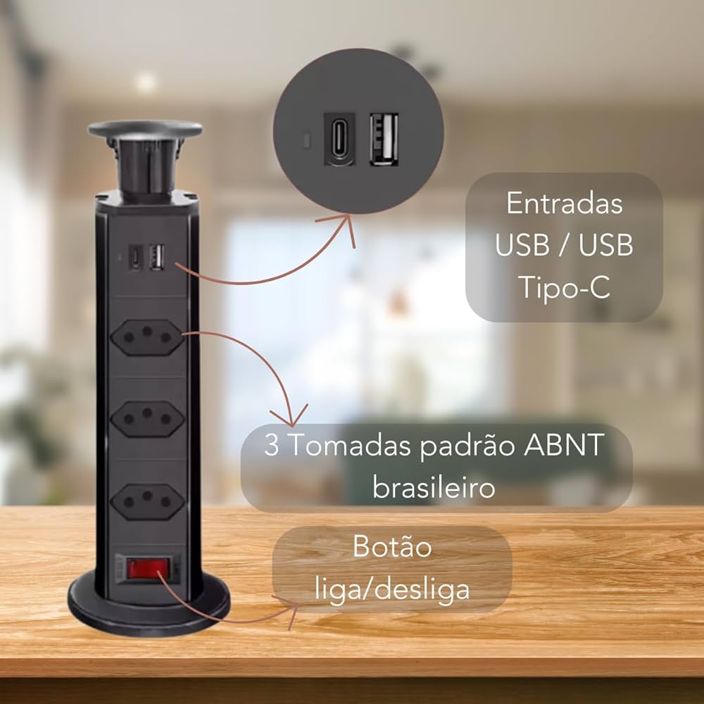 torre de tomada retrátil para cozinha