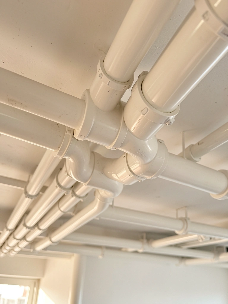 Tubos de PVC brancos convergindo no teto, luz natural filtrada por janela, sombras suaves destacam juntas e curvas.