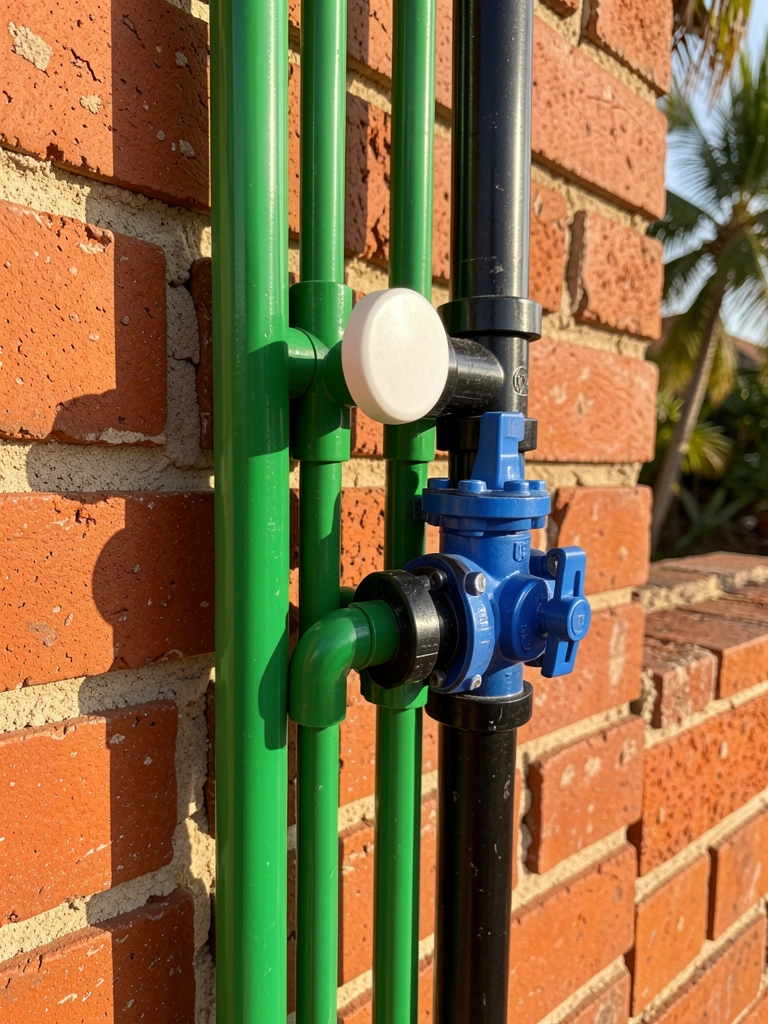Tubo PVC verde e preto fixado em parede de tijolos vermelhos, com maçaneta branca e registro azul, luz natural forte.