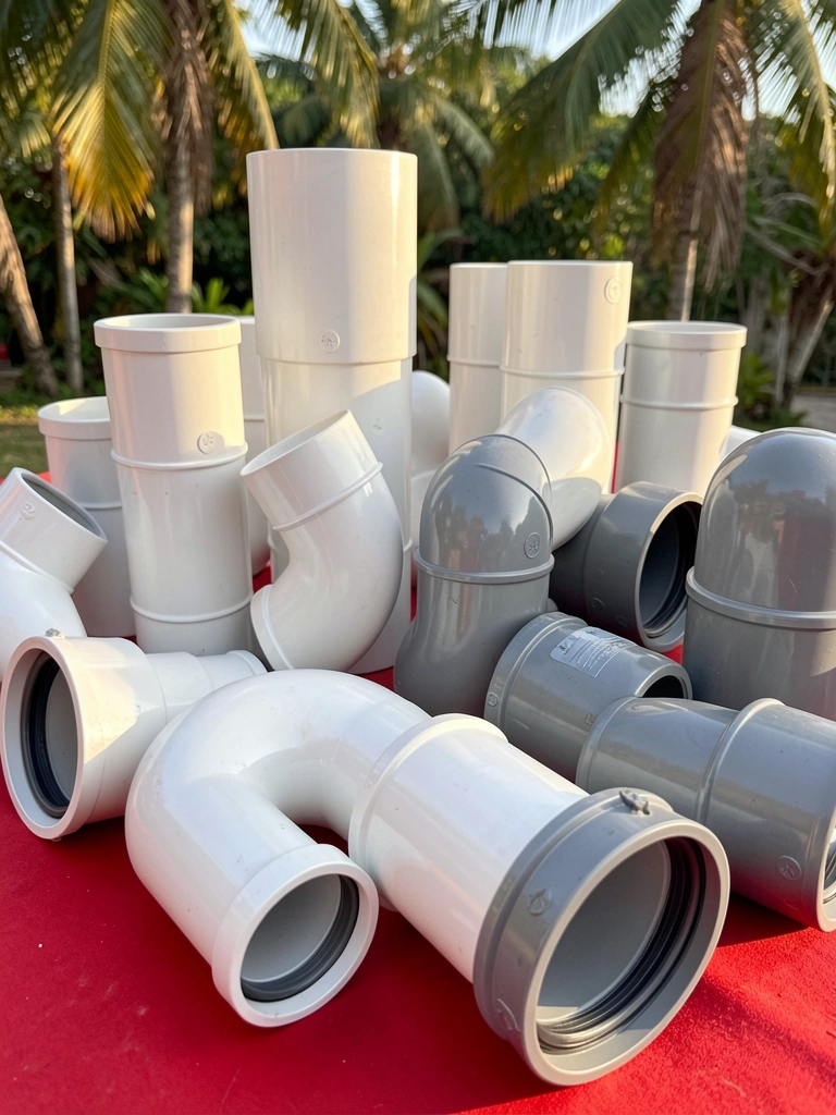 Tubos e conexões de PVC branco e cinza sobre superfície vermelha, reflexos na luz natural tropical.