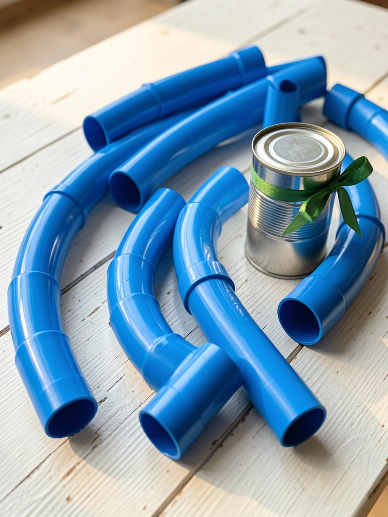 Tubos e conexões de PVC azul sobre superfície branca de madeira, lata metálica com fita verde ao lado, luz natural e sombras suaves.