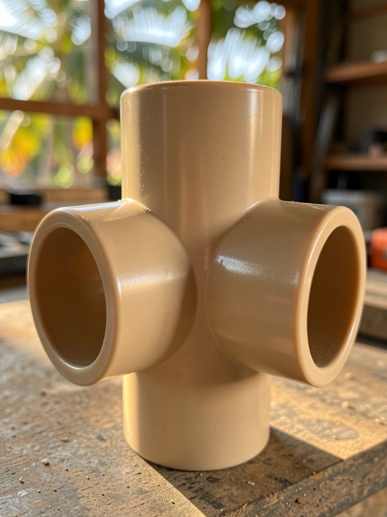 Conexão de cano T bege com bordas arredondadas, iluminada por luz natural, fundo desfocado com sugestão de luz tropical.