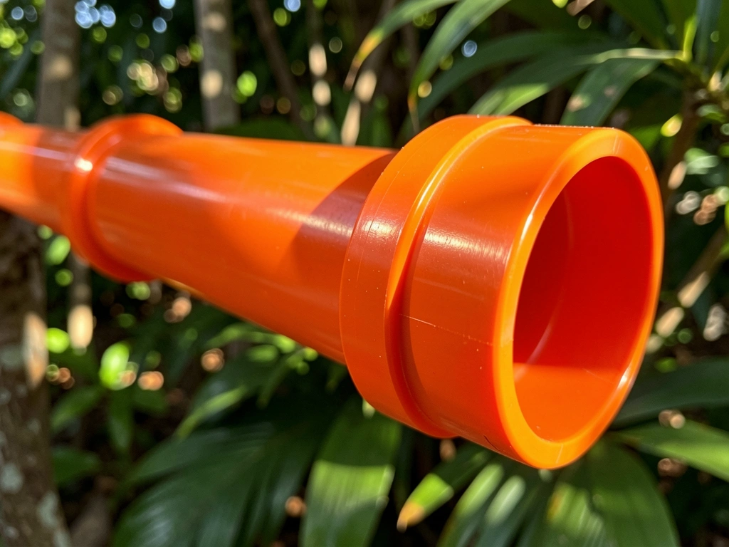 Tubo de PVC laranja brilhante horizontal, levemente inclinado à direita, com reflexo de luz solar e tampas circulares, contra fundo desfocado de folhagem verde.