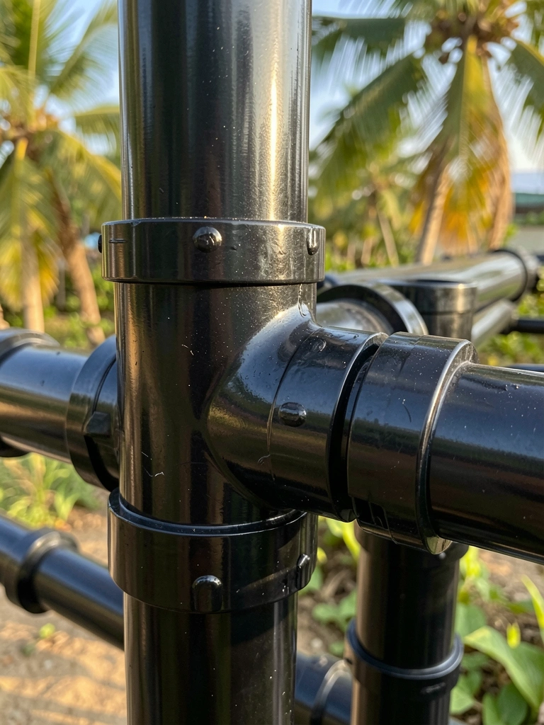 Conexões de PVC preto com juntas e encaixes, superfície brilhante refletindo luz natural, foco nos detalhes da construção.