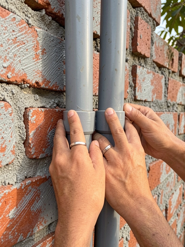 Mãos conectam canos de PVC cinza em parede de tijolos vermelhos desgastados, com luz natural e folhas ao fundo.
