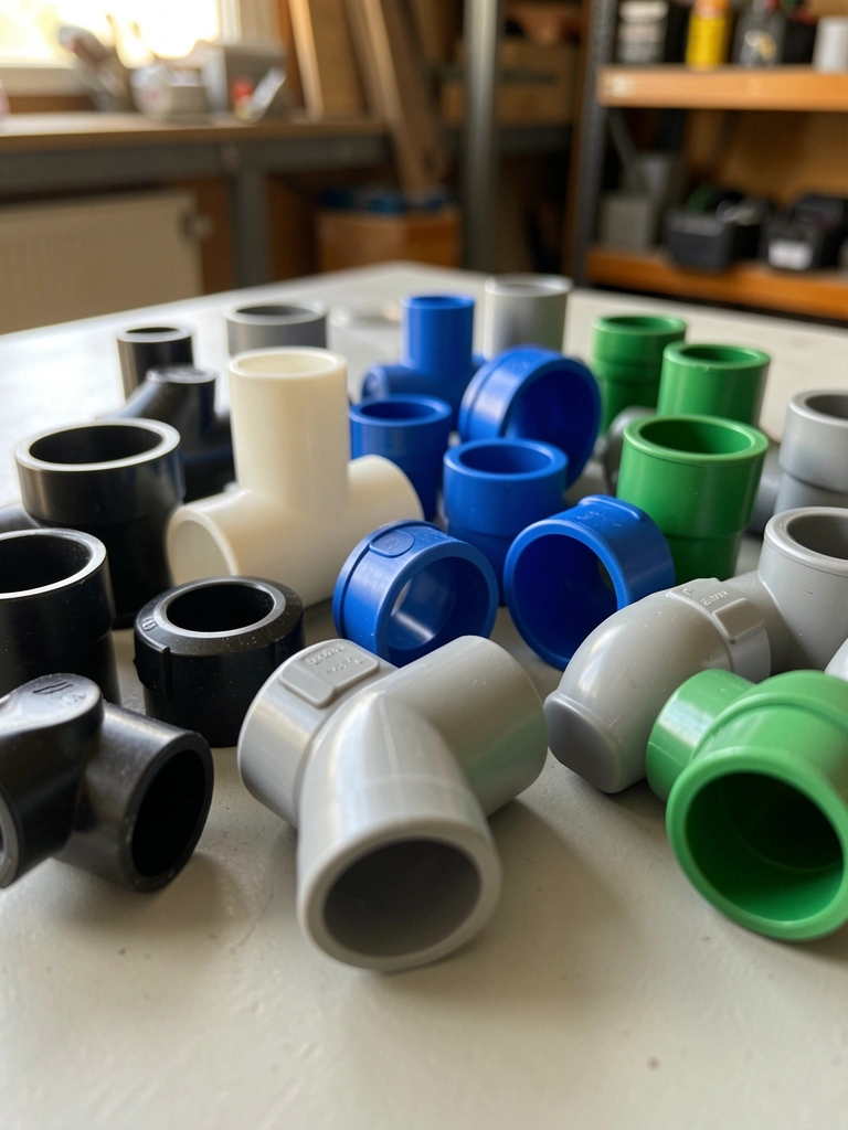 Conexões de PVC nas cores preta, branca, azul, verde e cinza sobre superfície cinza claro, iluminadas por luz natural.