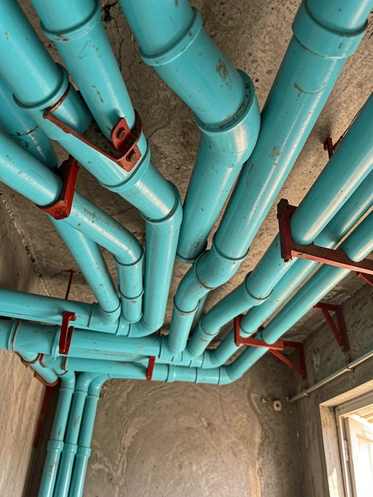 Tubos azul-turquesa curvos presos por suportes metálicos vermelhos em teto de concreto, luz natural difusa.