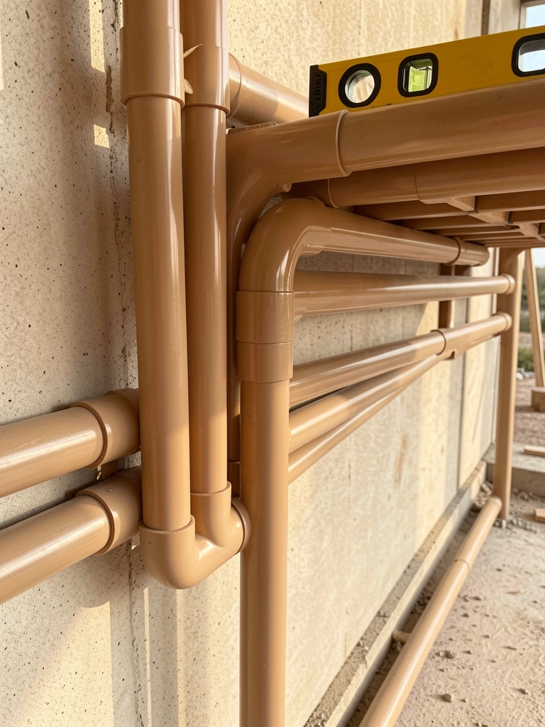 Perna de mesa lateral de PVC marrom-claro com canos curvos contra parede de concreto bege, nível amarelo apoiado, luz natural do dia.