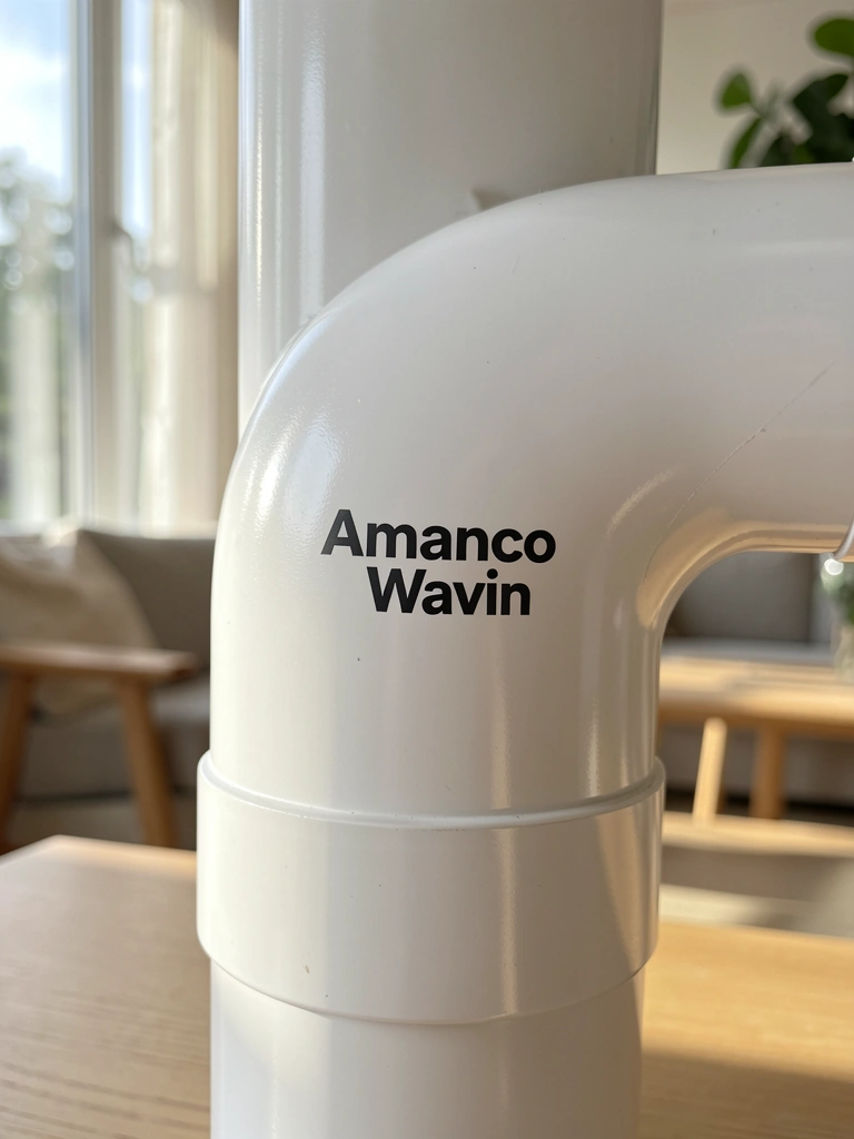Tubo PVC branco Amanco Wavin com reflexos da luz natural, detalhe da superfície lisa e brilhante, fundo desfocado com móvel de madeira clara e folhagem.