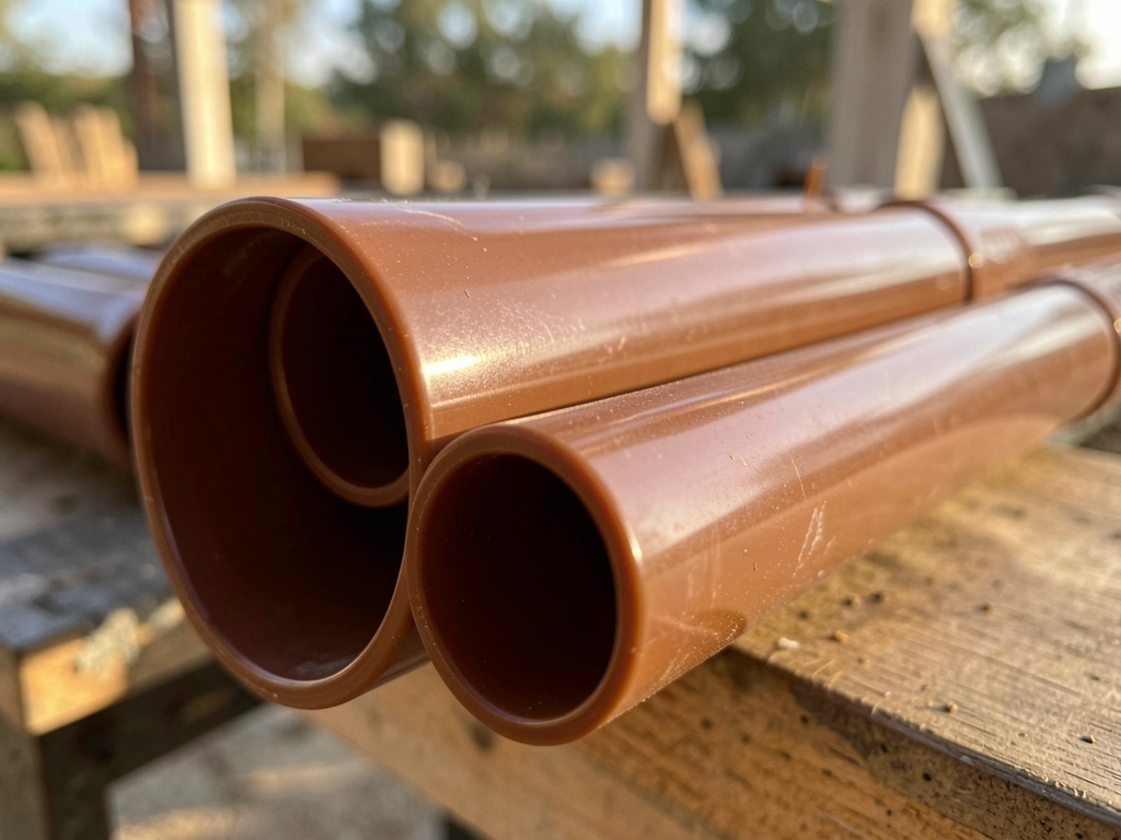 Dois tubos de PVC marrom unidos horizontalmente, com reflexos sutis da luz natural e fundo externo desfocado.
