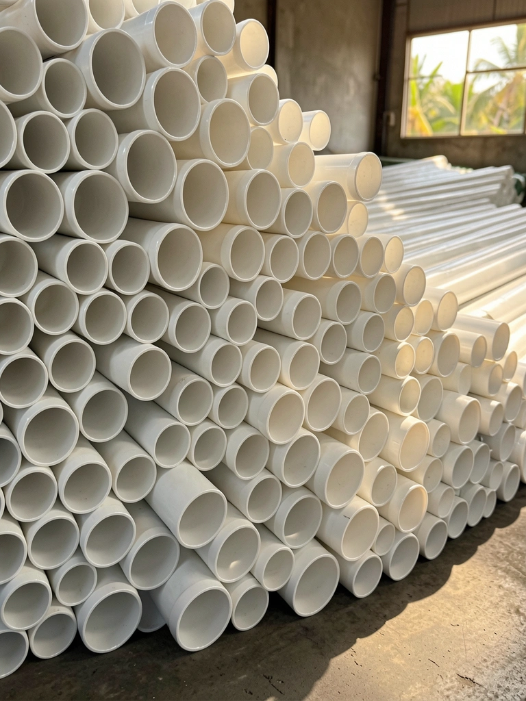 Pilha densa de tubos de PVC brancos de vários diâmetros, curvando-se organicamente, com luz natural destacando sombras e texturas, fundo de concreto.