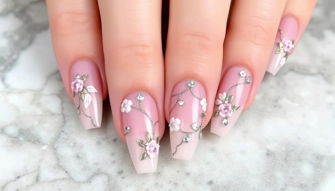 Unhas de gel com flores