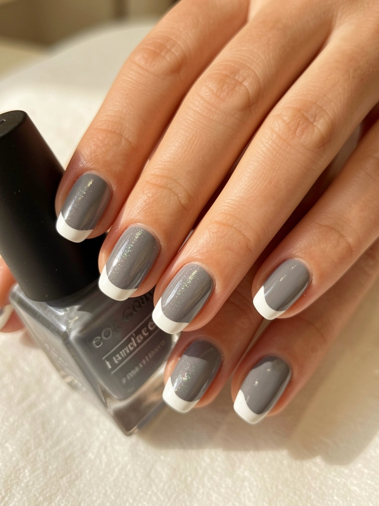 Mãos femininas com unhas cinza e ponta branca, frasco de esmalte cinza ao lado, luz natural suave sobre fundo desfocado.