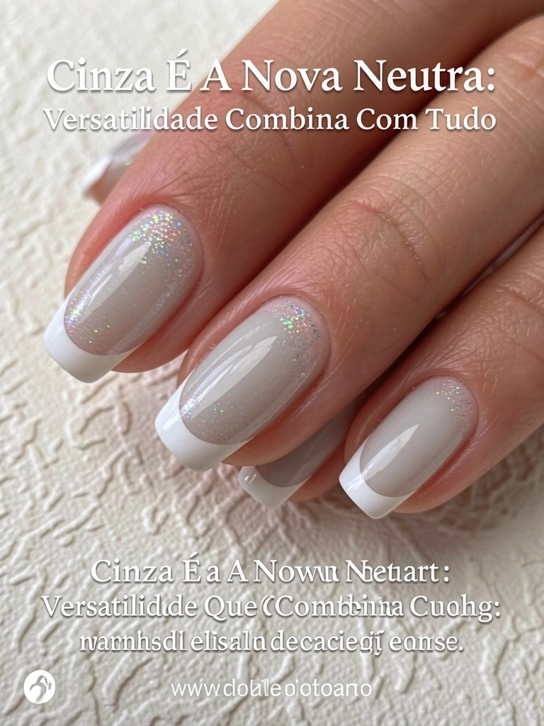 Close-up de unhas cinza-claro com glitter iridescente, pontas brancas nítidas e brilho suave sobre fundo texturizado desfocado.