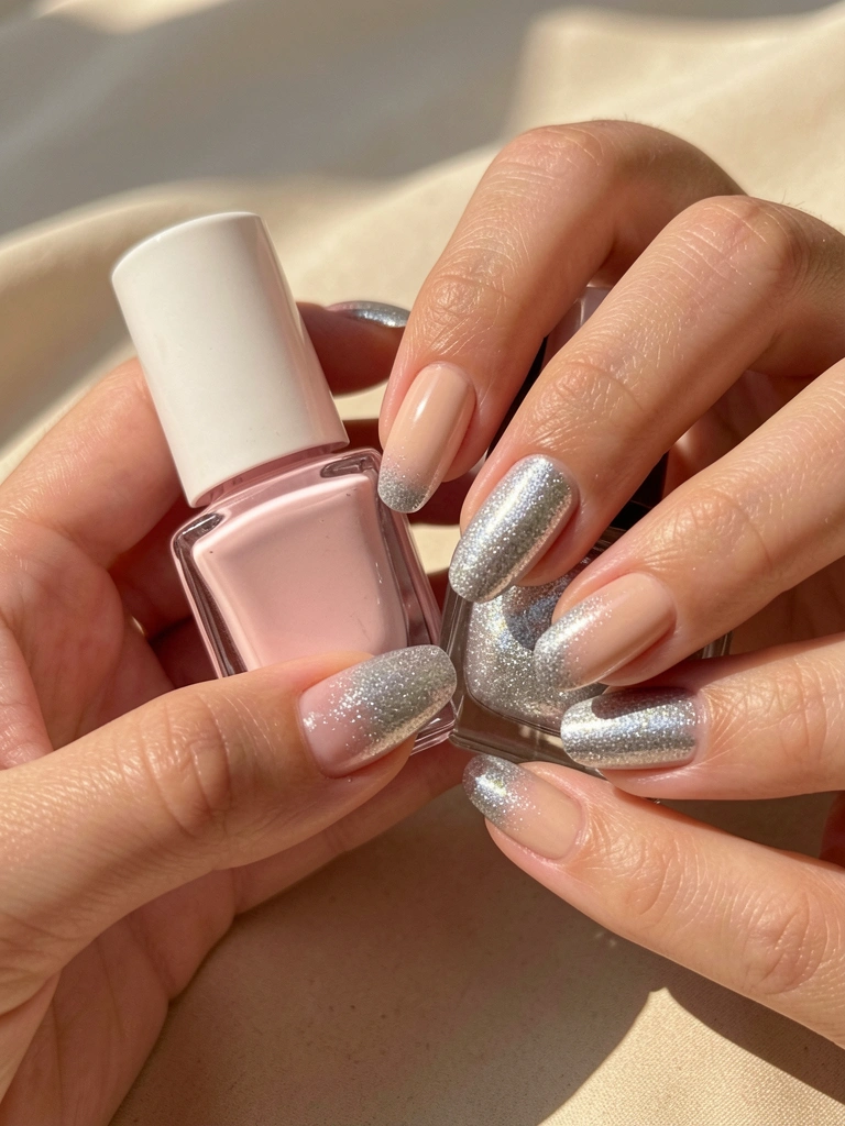 Mãos segurando frasco de esmalte rosa claro e outro prateado com glitter, unhas com base nude e ponta cintilante, luz natural difusa sobre superfície bege.