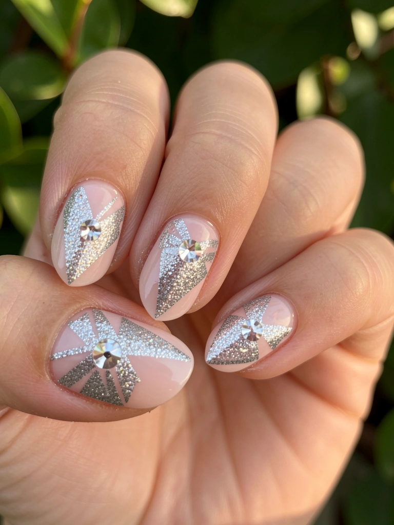 Close-up de mão feminina com unhas decoradas: base rosa pálido, glitter prateado em padrão triangular e strass central, luz natural suave e fundo verde desfocado.