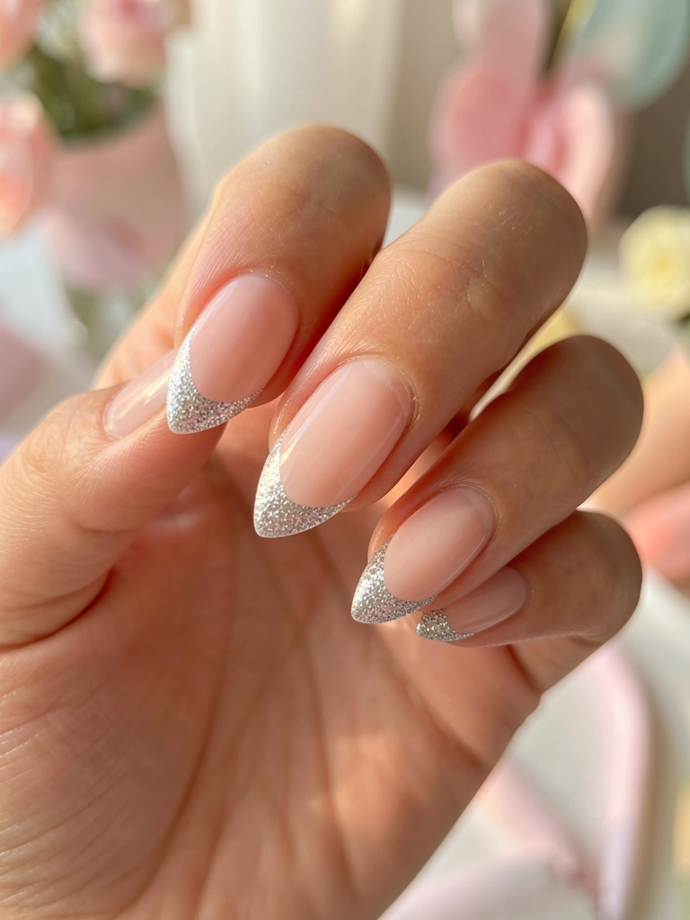 Unhas francesas com base rosa claro e ponta prateada brilhante, formato amendoado, luz natural suave e fundo pastel desfocado.